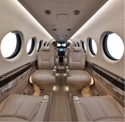 Private jet cabin interior.