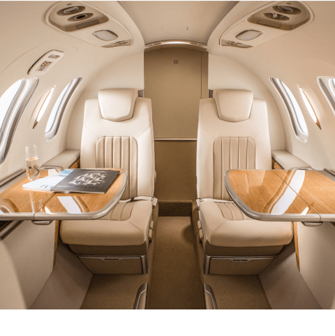 Private jet seating and table.