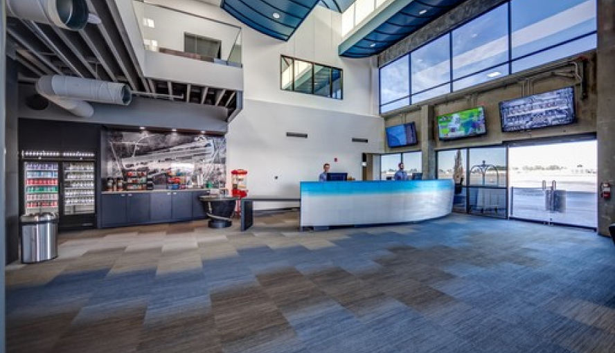 Modern airport lobby interior. 	